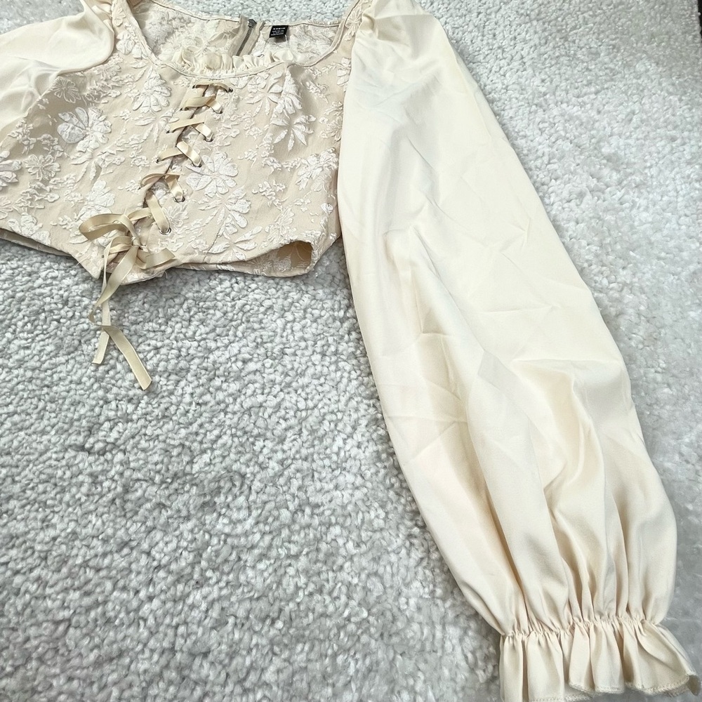 Milkmaid Blouse Crop Lace Up Romantic Cottage Ren Fair Fairy Indie Sz Large - Picture 10 of 13